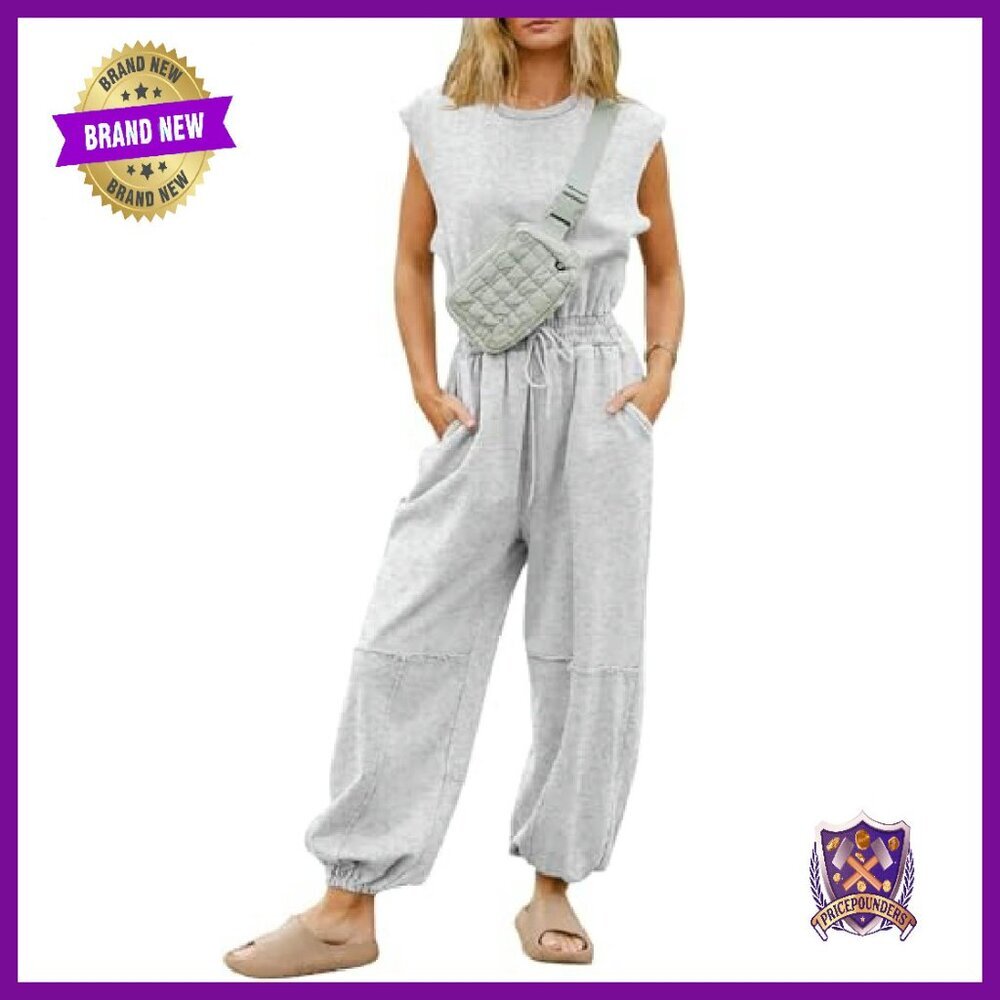 Women's Casual Jumpsuit Crewneck Cap Sleeve Wide Leg Drawstring Pockets - Picture 2 of 8